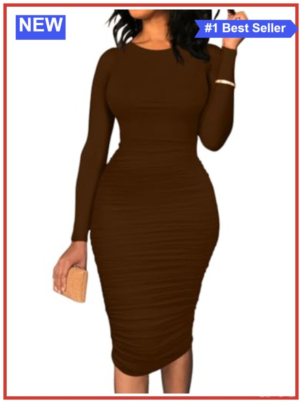Ruched Long Sleeve Bodycon Midi Dress
